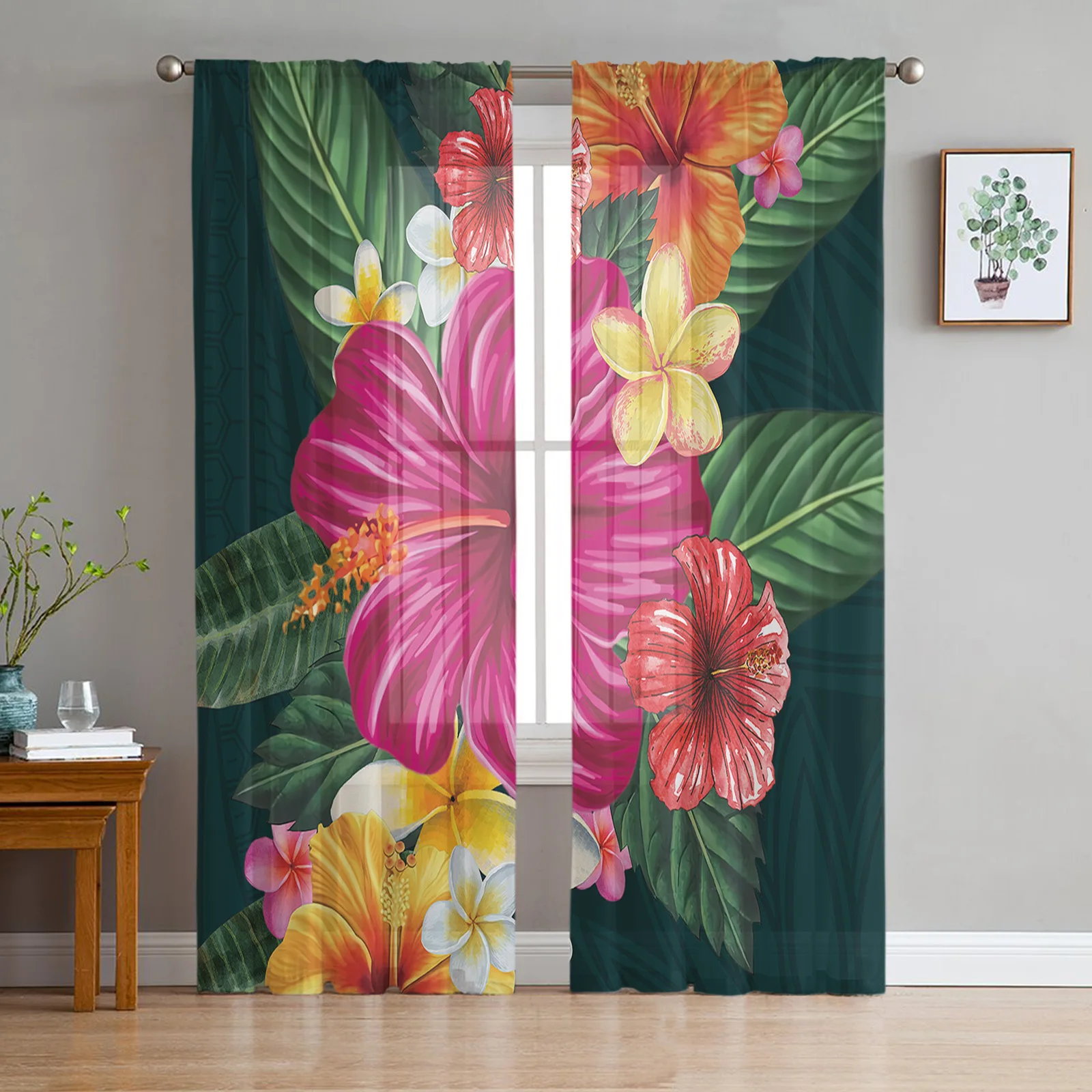 

Green Plant Red Hibiscus Chiffon Tulle Curtains for Living Room Kitchen Bedroom Sheer Voile Yarn Window Treatment