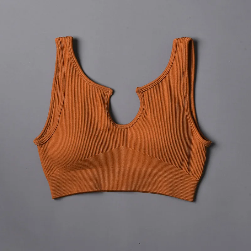 Women Yoga Bra U-neck Vest Tops Nylon Breathable Women Fitness Running Yoga Sports Bra Solid Color Ribbed Sport Wear Bras