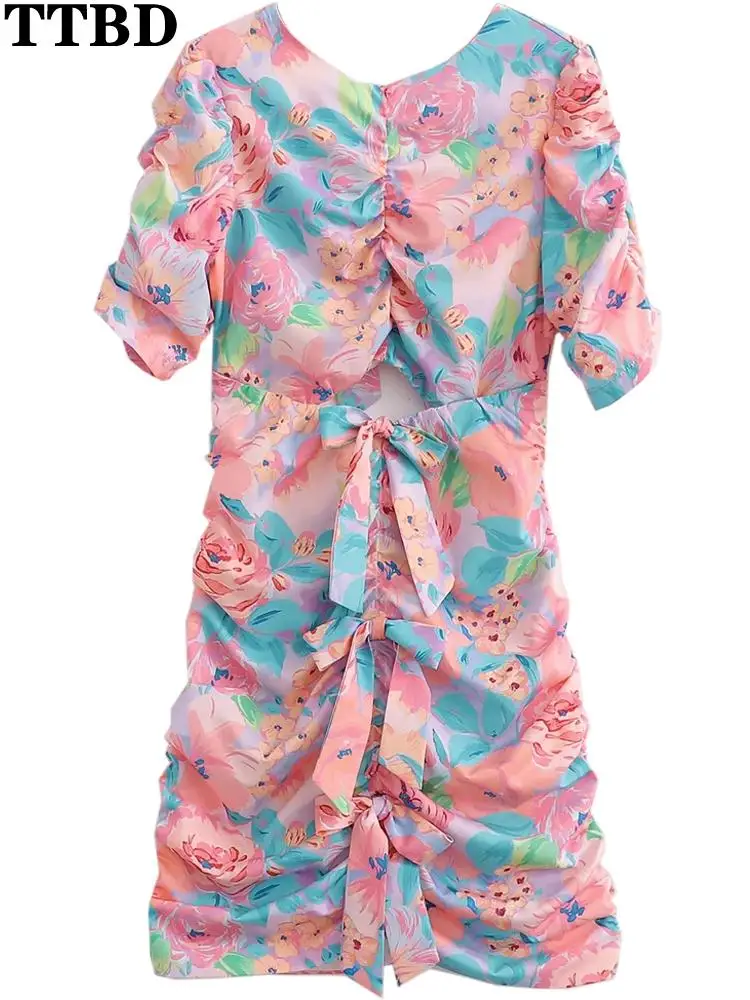 

TTBD vestidos mujer verano 2021 slim with bow tied hollow pleats print mini dress summer backless short sleeve female dresses