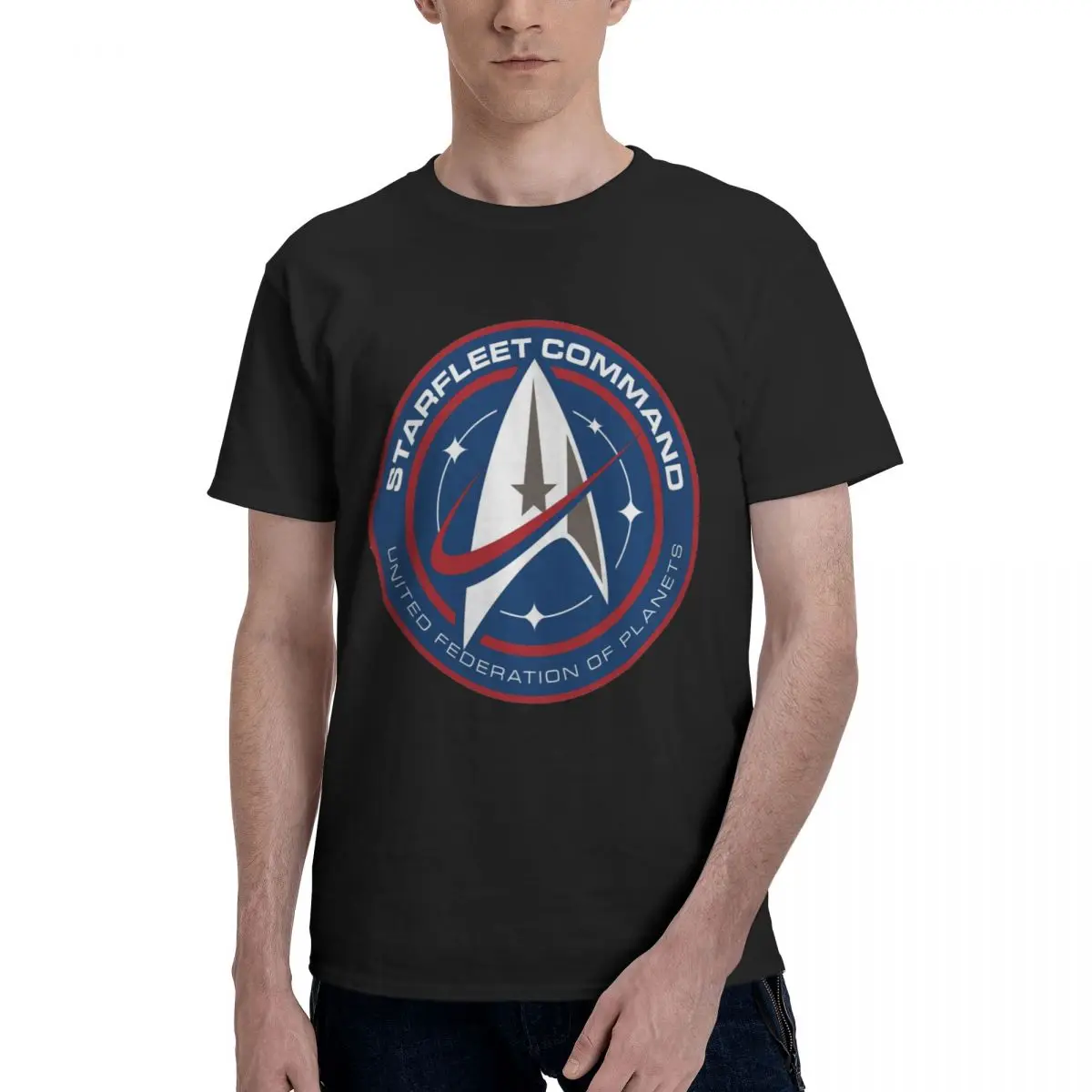 

Anime Trek And The Stars Discovery Starfleet Command Red And Blue Badge Joke Men's Basic Short Sleeve T-Shirt Graphic Tees Tops