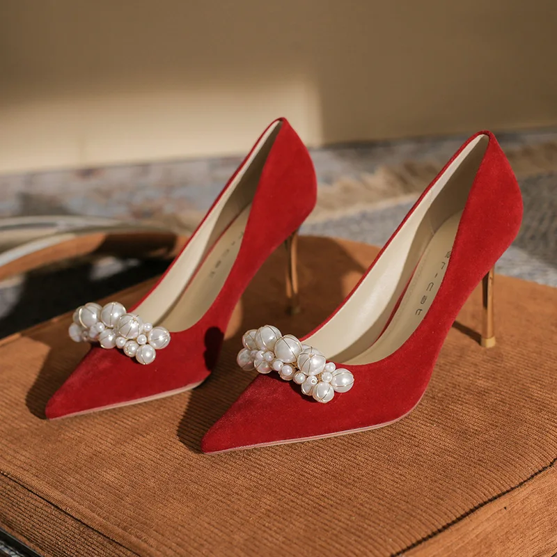 

Pointed High Heel Shoes Women's New Satin Thin Heel Shallow Mouth Pearl Shoes Red Bridal Wedding Party Banquet Shoes