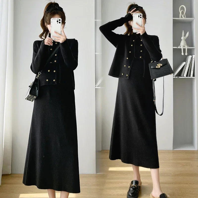 

Knitted Sweater Bottom Dresses Vest Pregnant Women's Two Piece Long Sleeve High Neck Dress Elegant Outgoing Loose Slim Warm Suit