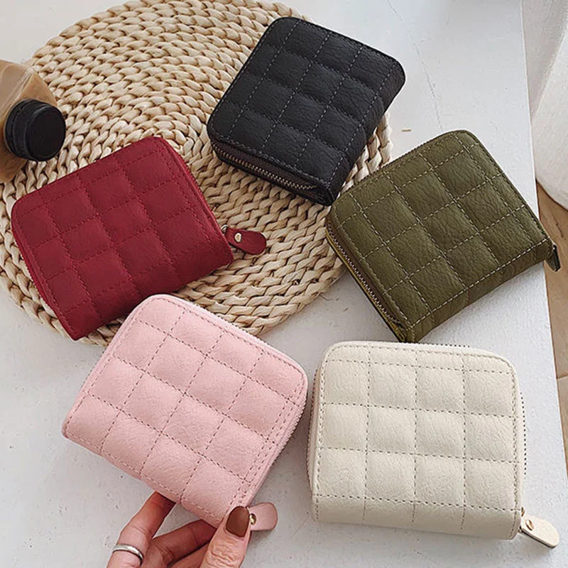 

Women Small Zipper Wallet with Coin Purse PU Leather Plaid Purses Ladies Cute Mini Korean Version Small Card Pack New In