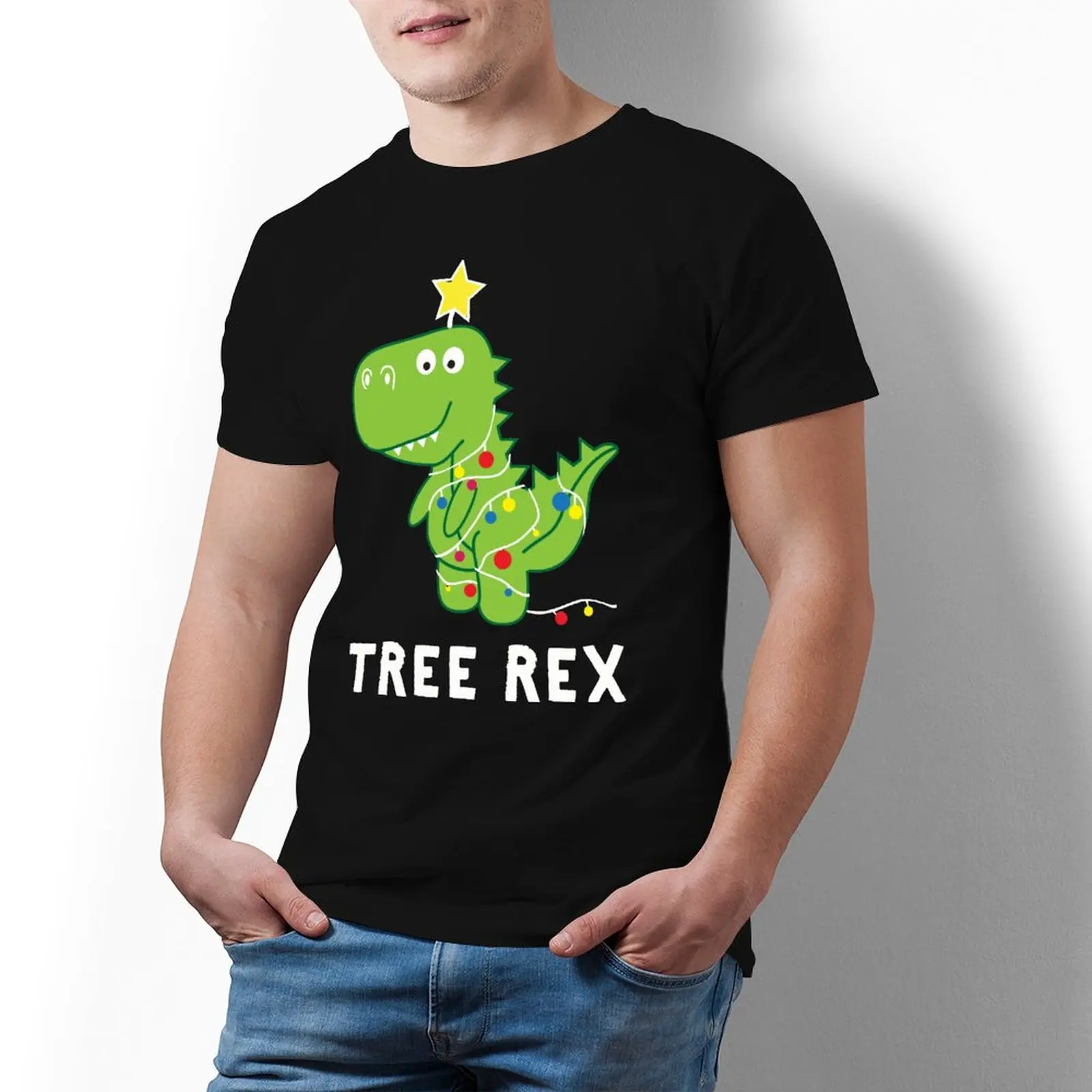 

Футболка мужская хлопковая с круглым вырезом, забавная уличная одежда с рисунком рождественского динозавра, дерева Рекс