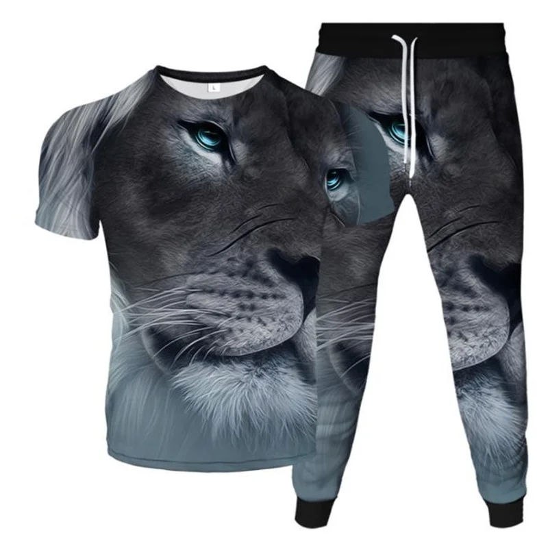 

New Summer Casual Tiger Printed Pattern Dressing Adult Men Halloween Costumes Loose T-shirt Elastic Waist Pants Suit