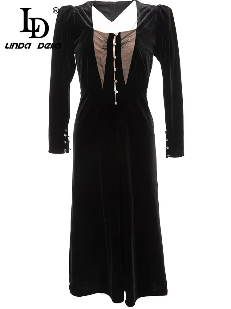 

LD LINDA DELLA модное дизайнерское весеннее черное бархатное платье женское однобортное приталенное платье миди с квадратным воротником и длинным рукавом