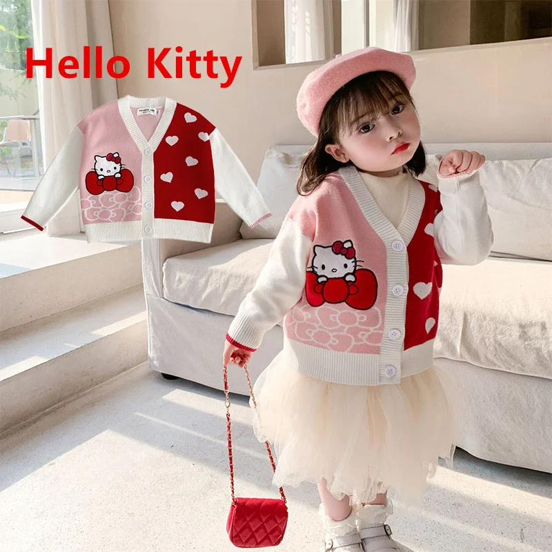 

Осенний свитер Hello Kitty, детский вязаный кардиган красного цвета с мультяшным рисунком, топ, свитер, пальто, оригинальный костюм принцессы, по...