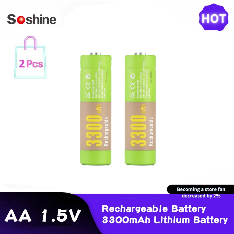 

2 P Soshine Rechargeable Battery 3300mAh Lithium Battery Fast Charge AA1.5V 0.3 A Can Replace Alkaline Carbon Mouse Game Handle