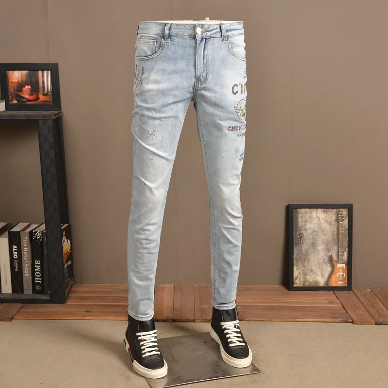 

Distressed Light Men's Blue Ripped Jeans Summer Fashion Rhinestones Slim Fit Denim Pants