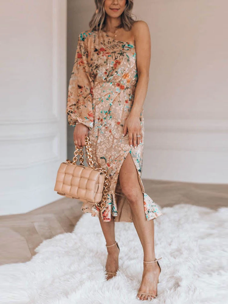 

Elegant Floral Print Ruffle Midi Dress Women Fashion Tie Party Dress Sexy One Shoulder Long Sleeve Split Bodycon Dress Vestidos