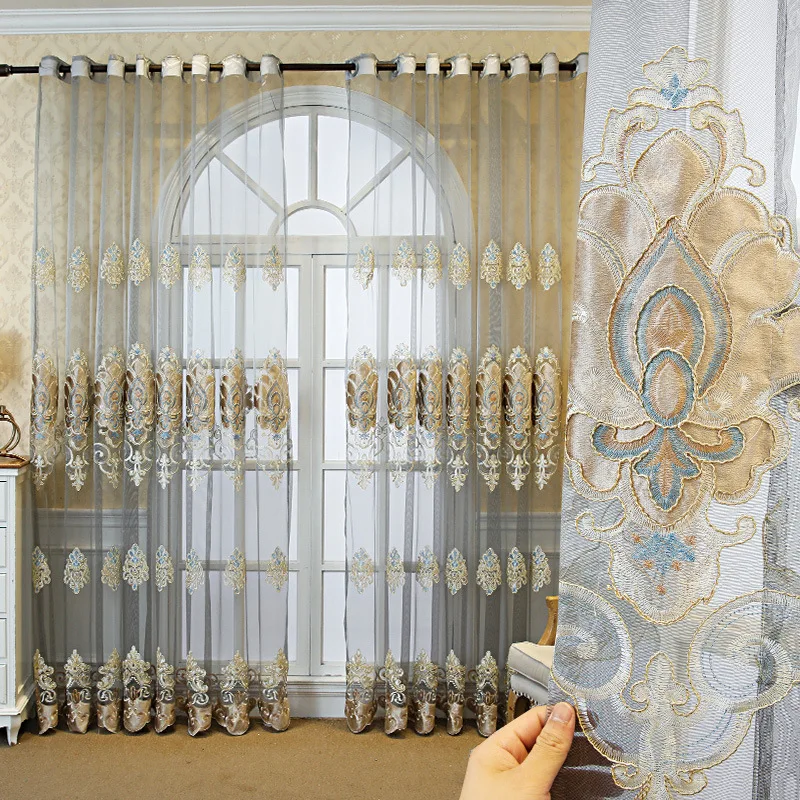 

European Style Curtains for Living Dining Room Bedroom Luxury Custom Embroidered High-grade Tulle Door Window Curtain Decor