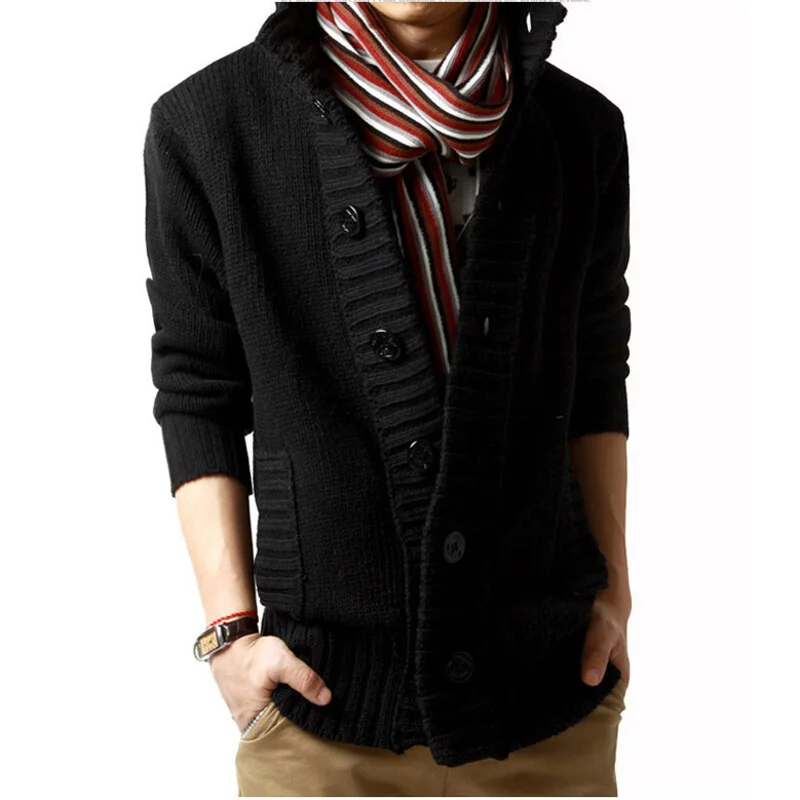 Autumn and Winter Pirate Buckle Stand Collar Men's Sweater Thickened New Wool Knitted Thick Needle Cardigan