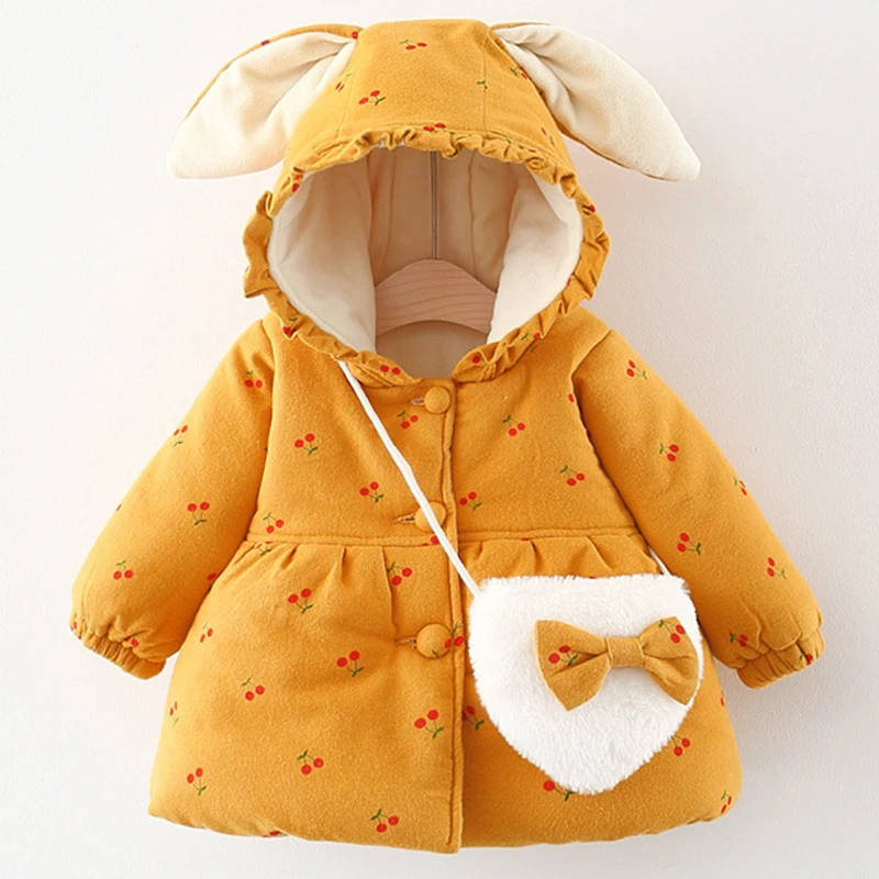 

babzapleume Fall Winter Toddler Girl Jacket Cartoon Cute Strawberry Print Hooded Warm Thicker Baby Outerwear+Bag Kids Coat 029