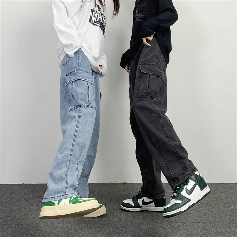 

Men Jean Pants Japanese Retro Jeans Loose Big Pocket Couple Hip Hop Street Denim Pants Male Washed Straight Wide-Leg Pants