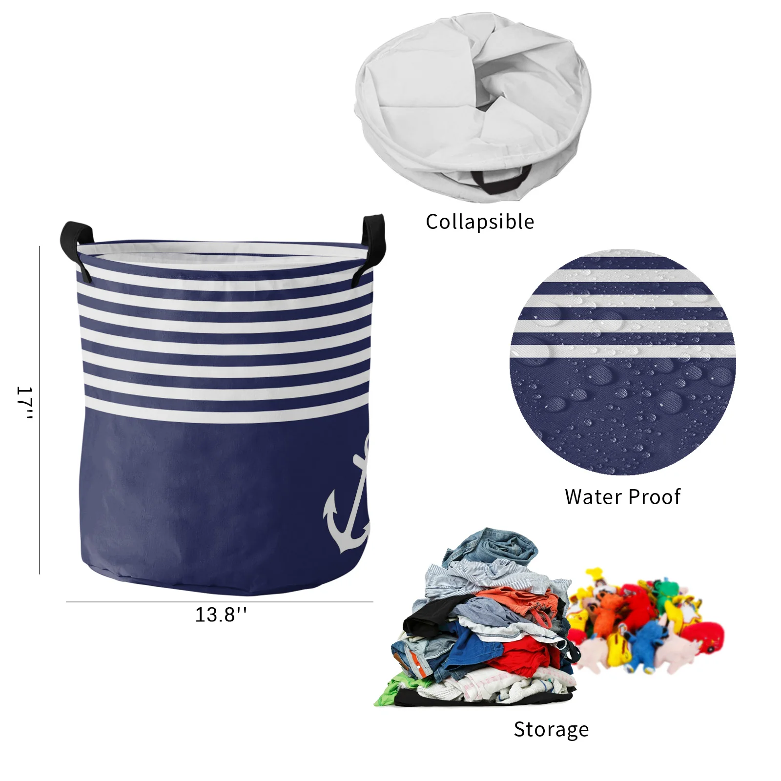 Blue White Stripes Anchor Dirty Laundry Basket Foldable Waterproof Home Organizer Basket Clothing Children Toy Storage Basket images - 6