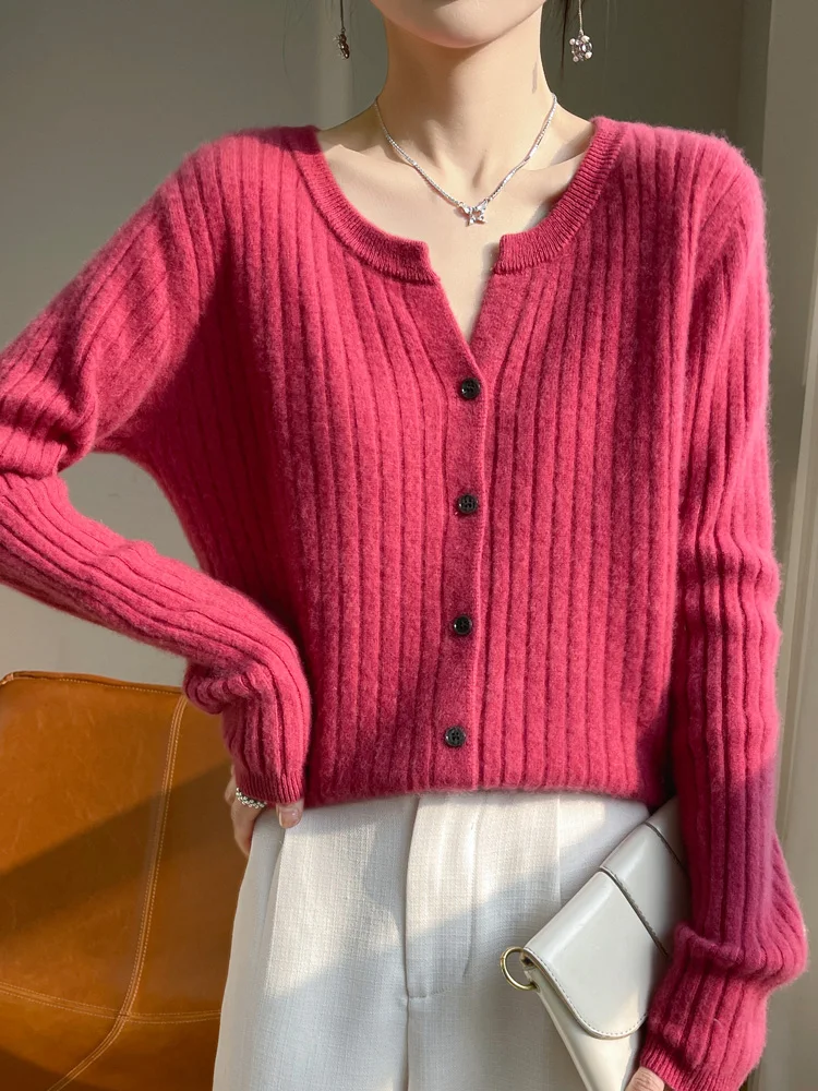 Новинка весенне-осенний утепленный кардиган в полоску Женский облегающий