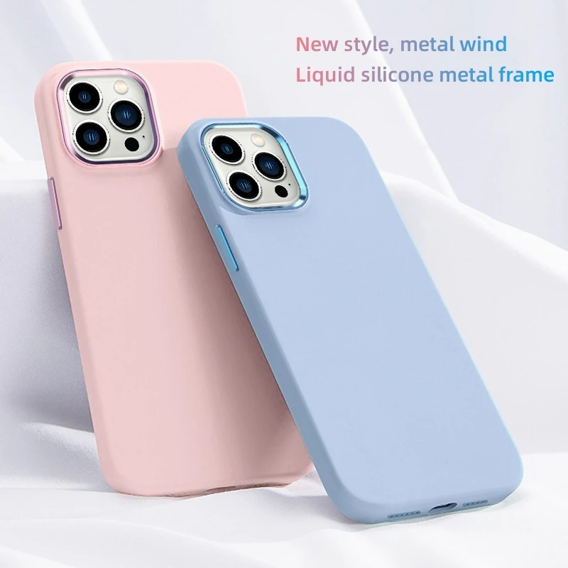 

New Luxury Liquid Silicone Phone Case for iPhone 14 13 12 Pro Max Metal Button Solid Color Anti-Drop Case for iPhone 14 Plus