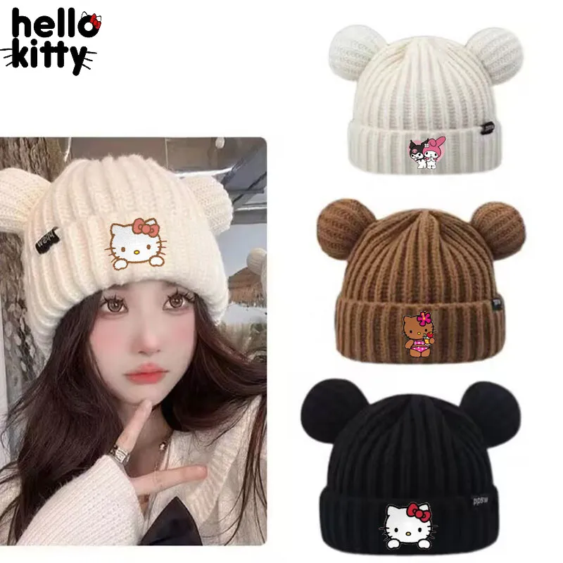 

Cartoon Hello Kitty Plush Cap Headgear Kawaii Girl Fashion Panda Knitted Hat Exquisite Anime Accessories Clothes Birthday Gift