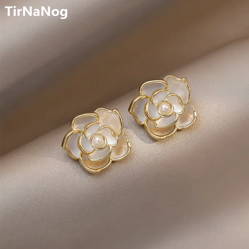 

TirNaNog French Romantic Elegant White Enamel Glaze Camellia Earrings Stud earrings Women Jewelry Party Gift