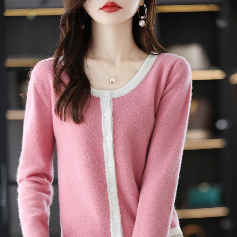 

Women's Colorblock Cardigan Spring /Autumn New Knitted Cropped Top 100% Merino Wool Jacket Casual Fashion Ladies Jacket