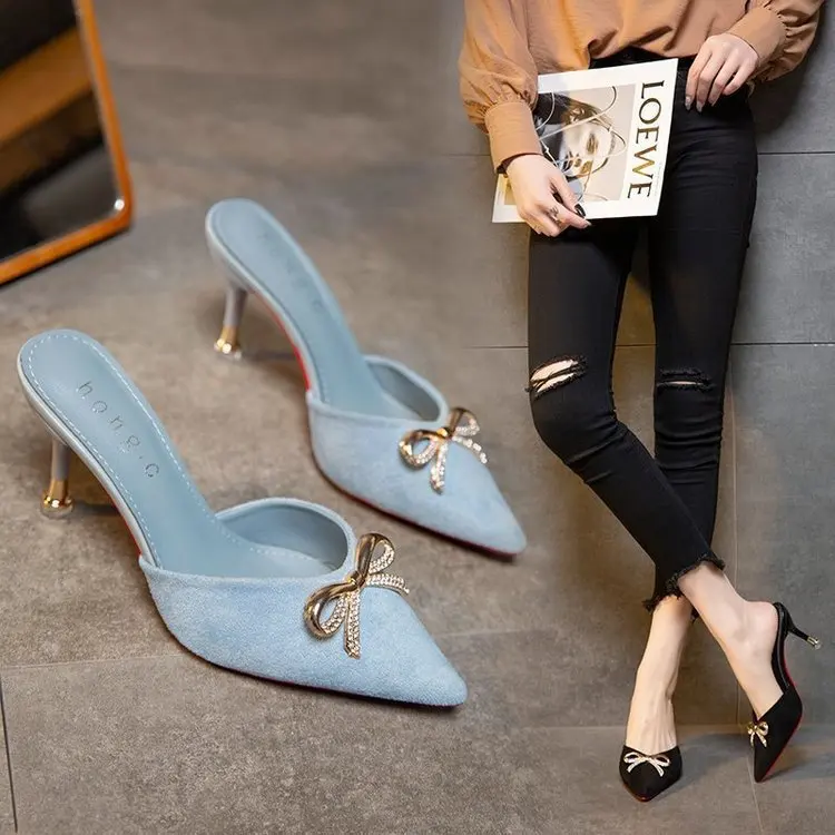 

2022 NEW Slip on Women Mules Pointed Toe Summer Sandals High Heels Platform Slippers Sandalias Outside Patent Leather