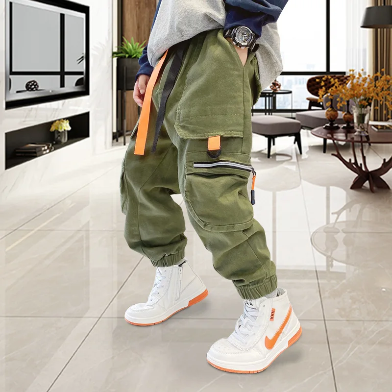 

Autumn Winter Kids Boys Trousers Multi-pockets Cargo Pants Ribbon Older Children's Casual Pants Spring Hip Hop Boys Harem Pants