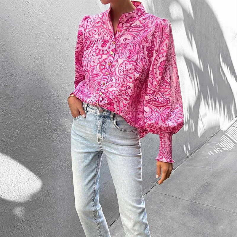 

Women Fashion Print Long Puff Sleeve Turn Down Collar Shirt Top Casual Spring Female Single Breasted Loose T-shirt Blouse