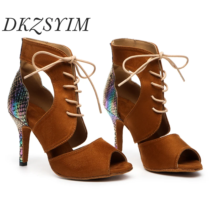 DKZSYIM New Women Latin Dance Shoes for Ladies Ballroom Dance Salsa Boots Party Dance Shoes Woman Girls Performan ceHigh Heels