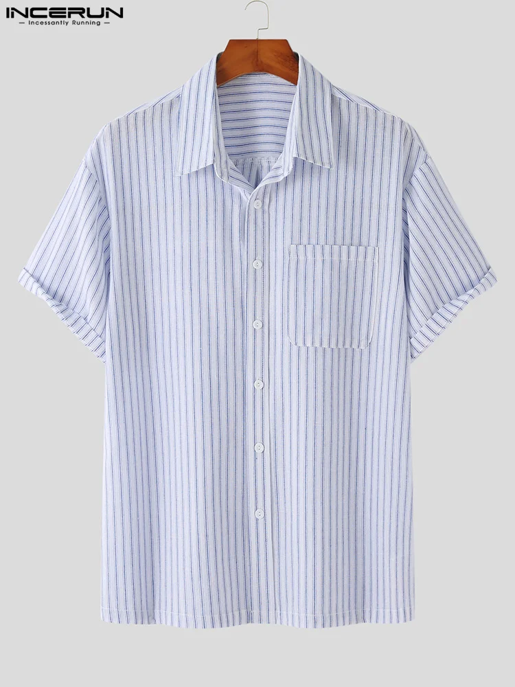Korean Style Men's All-match Simple Striped Blouse Casusal Streetwear Male Hot Sale Short Sleeve Shirts S-5XL INCERUN Tops 2022