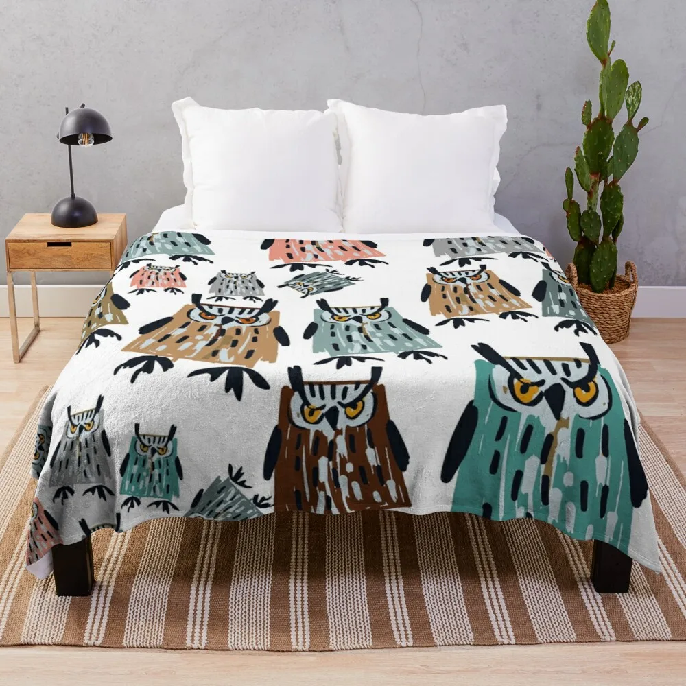 Owl Brown Blue Fleece Flannel Blanket for Bed Sofa Couch Blanket Hand Draw Pattern Super Soft All Season Warm King Queen Size