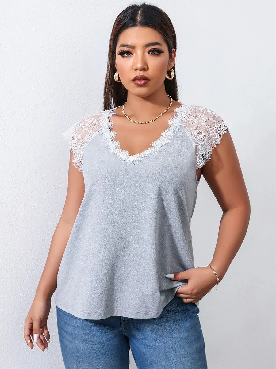 Plus Size 4XL Lace T Shirts Women's Short Sleeve V Neck Solid Oversized Blouses 2022 Summer Casual Cotton Elegant Grey Tops
