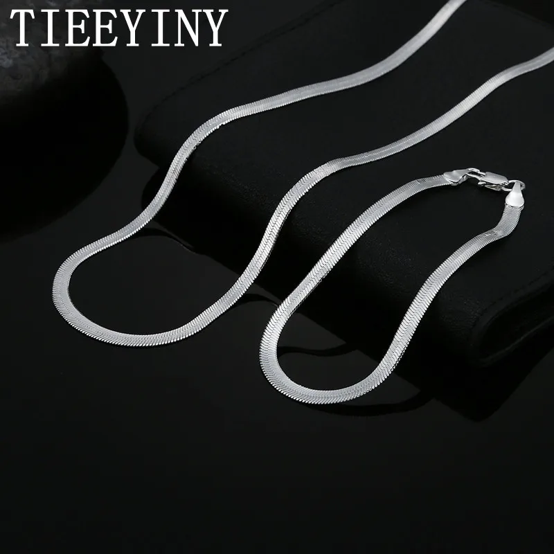 

TIEEYINY 925 Sterling Silver 4MM Flat Chain Bracelets Neckalce Set For Women Fashion Party Wedding Noble Jewelry Sets Gifts