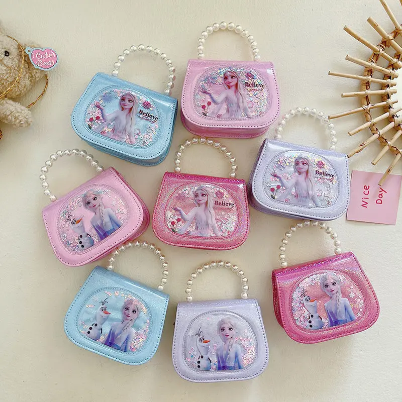 Disney Shoulder Bag for Girls Frozen Princess Elsa Cartoon Crossbody Bag with Pearl Kids 3-6 Years Old Waterproof Portable Tote