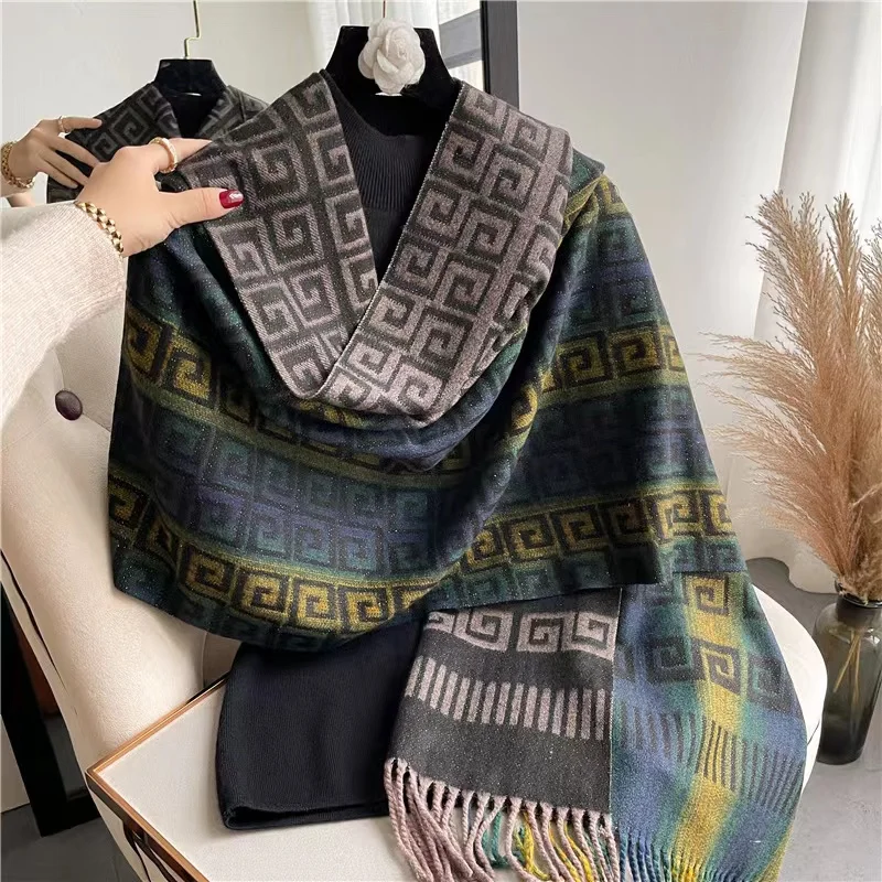 

High-grade Double-sided Imitation Cashmere Scarf Women's Winter Europe and America 2022 Thickened Warm Bib Air-conditioned Shawl