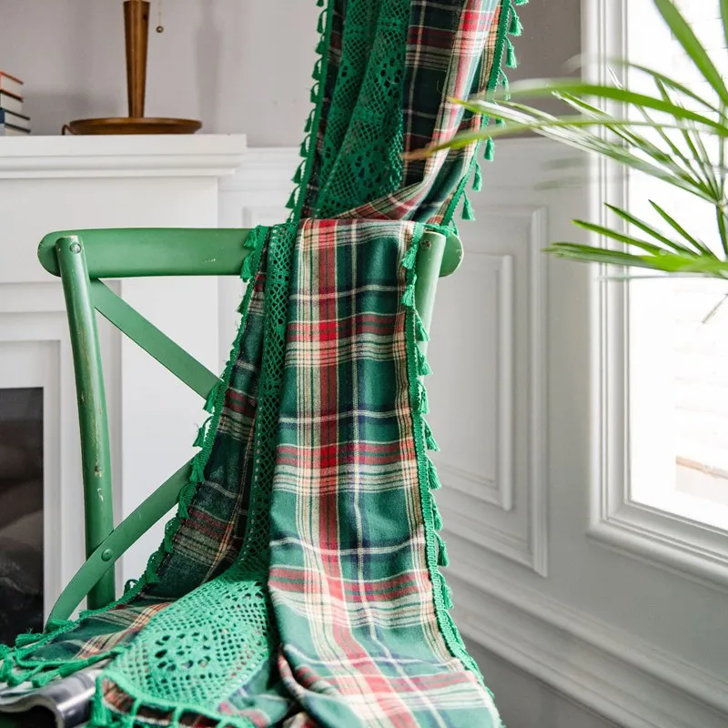 Christmas Plaid Patchwork Yarn-dyed American Window Curtain with Tassels Shading Valance Living Room Kitchen Floating Curtains