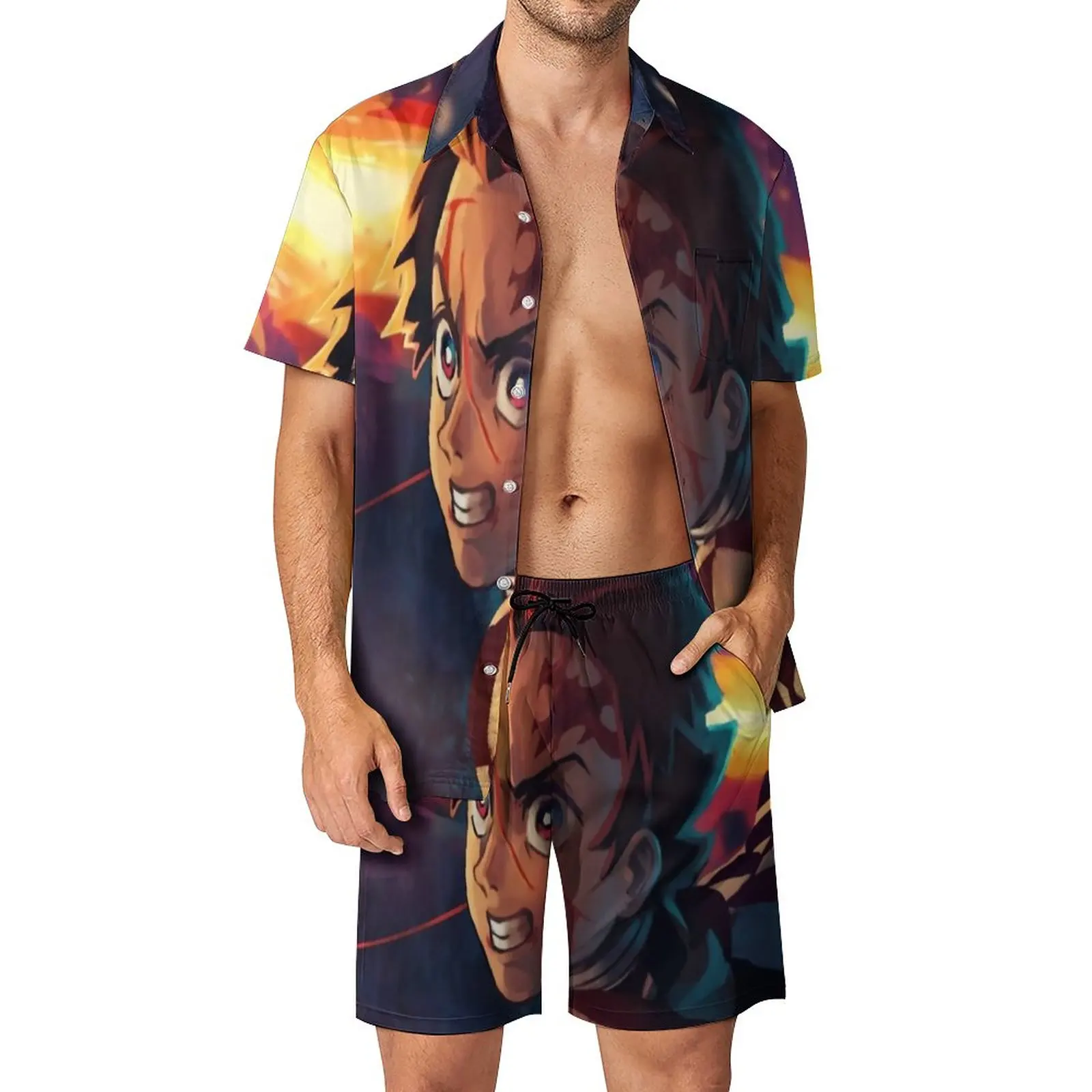 

Demon Slayer Men Sets Kimetsu No Yaiba Anime Novelty Casual Shirt Set Short Sleeve Printed Shorts Summer Beach Suit Plus Size