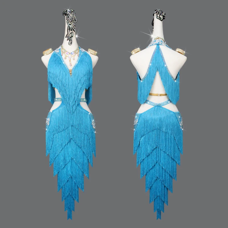 

Custom made New style Latin dance costume spandex tassel stones latin dance dress for women latin dance competition dresses