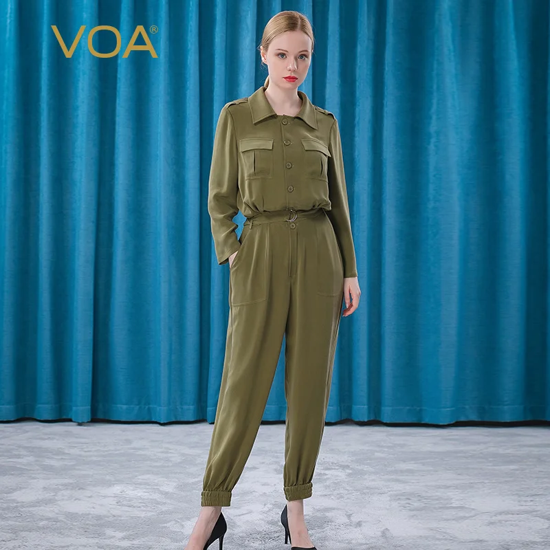 

VOA 30m/m Heavy Weight Silk Green Jumpersuit Women Lapel Long Sleeve Single Breasted Generous Pocket Bandage Jumpsuits KE237
