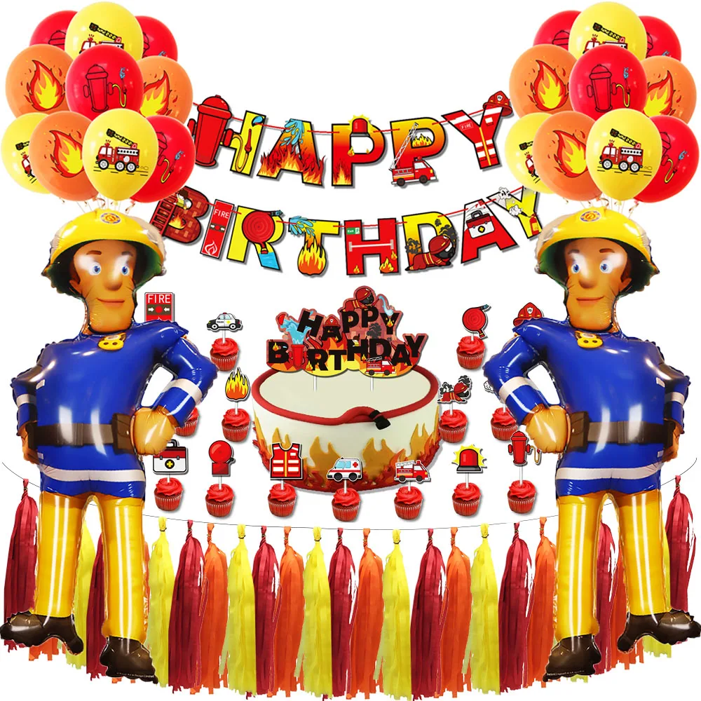 

Fireman Sam Theme Birthday Party Fire Truck Balloon Happy Birthday Banner Kids Boys Firefighter Party Decorations Baby Shower