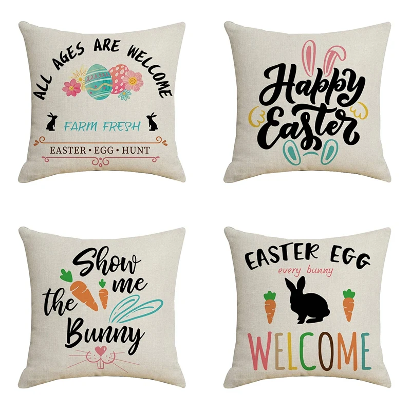 

Set Of 4 Easter Pillow Covers Decorations Bunny Letter Easter Eggs Carrots Square Linen Throw Pillows Covers 45X45cm Promotion