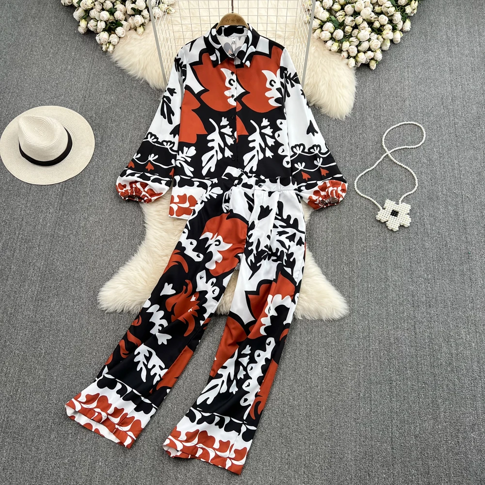 

Women Fashion Luxury Print Shirt Top+Length Pant Autumn Vintage Color Long Sleeve Buttons Blouse 2 Piece Set Spring 2023