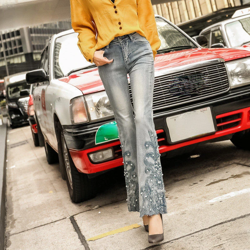Spring Summer Women 2023 Korean Style Embroidery Bleached Stretchy Denim Flare Pants , Woman Fall Beading Jeans Trousers