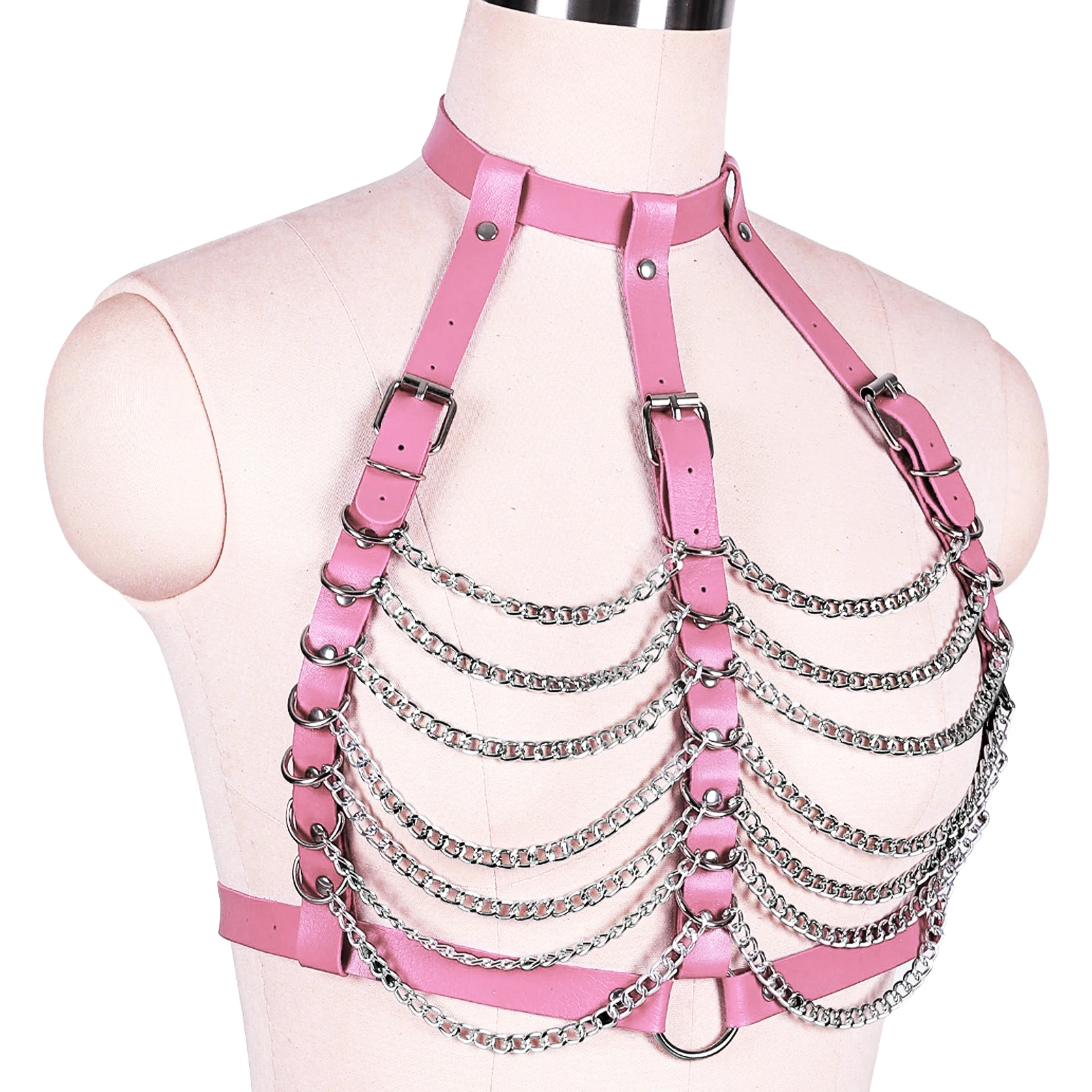 Pink Fetish BDSM PU Leather Body Chain Harness For Women Bralette Garter Belt Cage Bra Sexy Lingerie Erotic Pole Dance Rave Wear