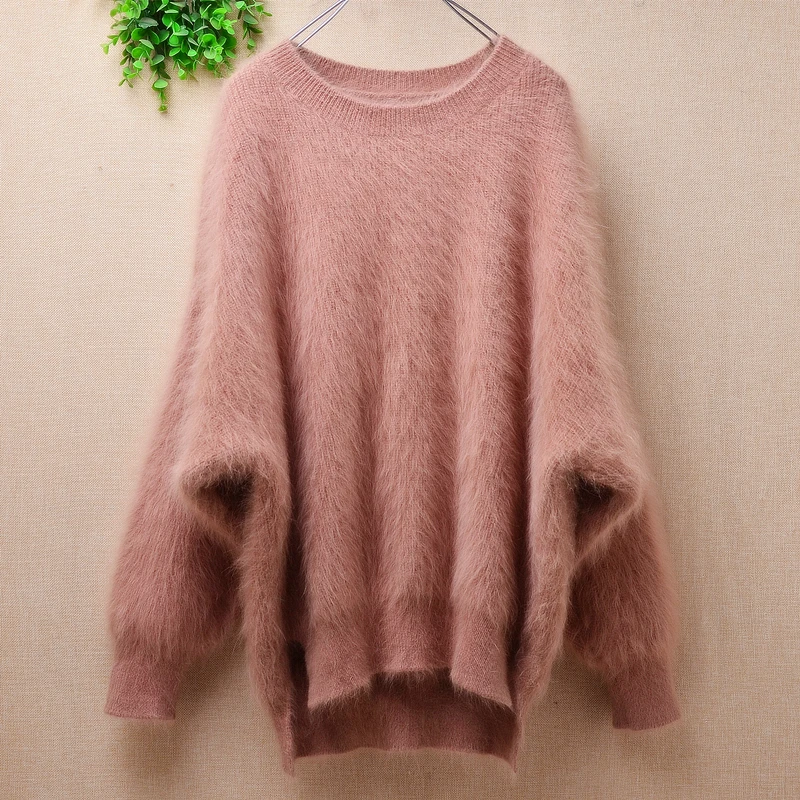 

top mujer women autumn winter clothing hairy mink cashmere knitted long batwing sleeves o-neck loose pullover angora fur sweater