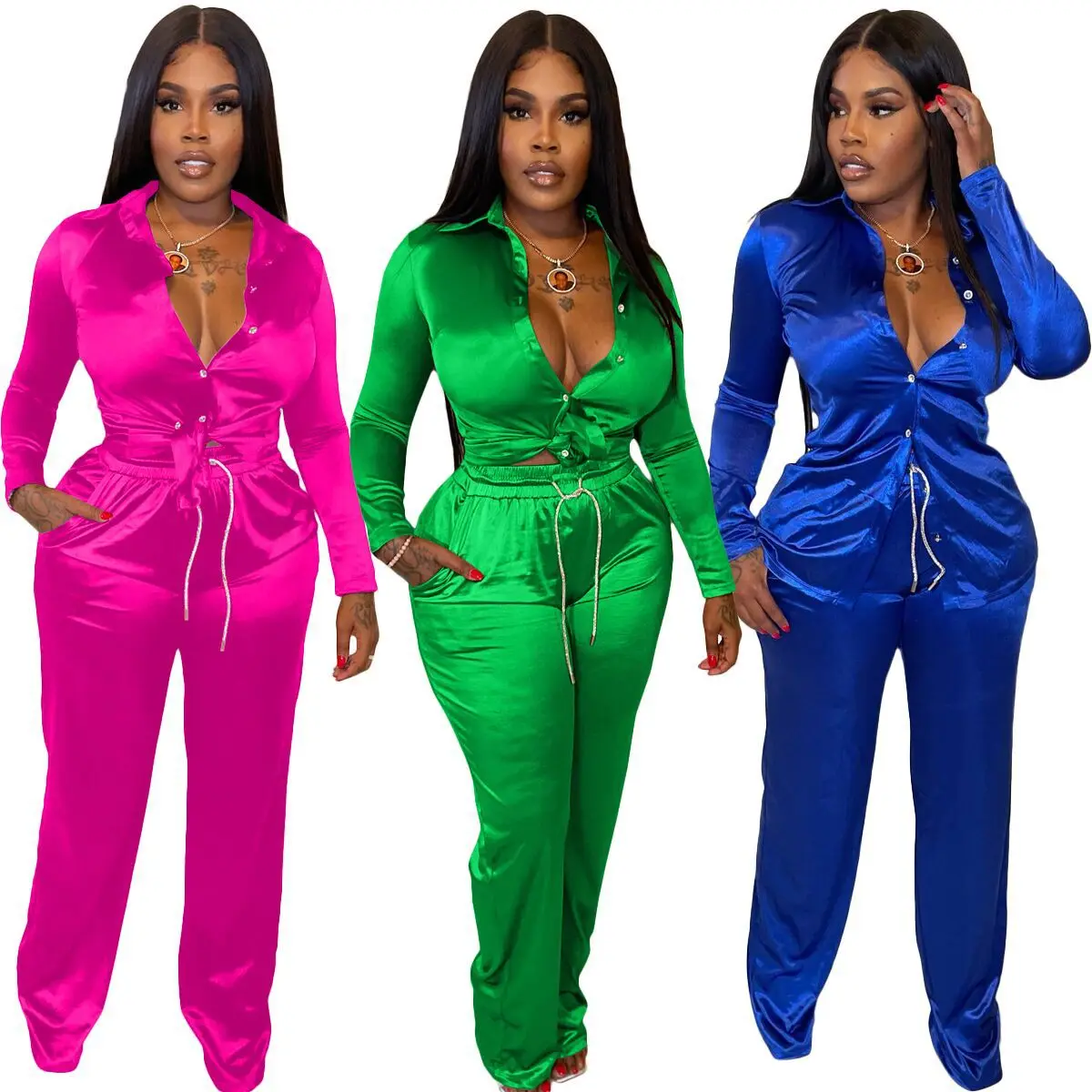

Solid Color Satin 2 Piece Set Women Sexy Single-breasted Long Sleeve Lace Up Shirt + Drawstring Pants Club Party Matching Sets