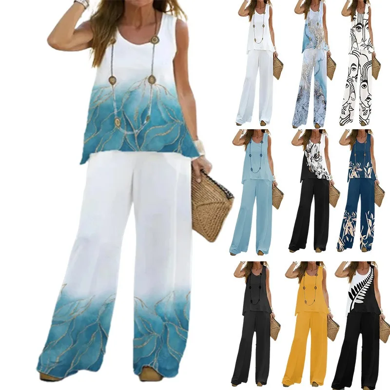 Women Loose Two Piece Set Pants Sets Causal Sleeveless Tops Wide Leg Pants Matching Sets Women's Vest Pants Suits Summer Outfits