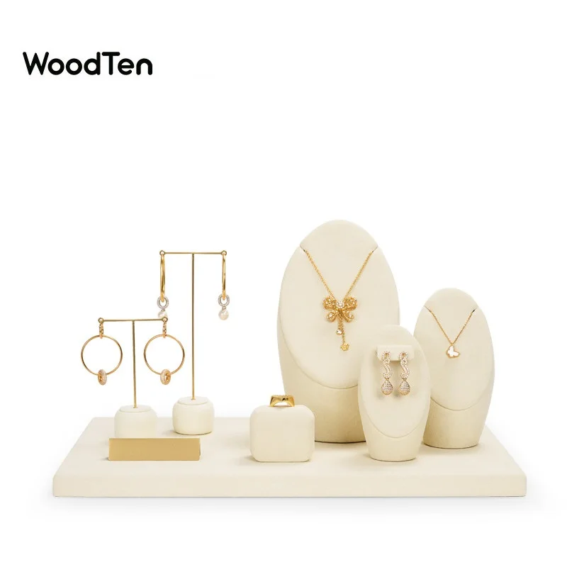 

WoodTen Beige Microfiber Jewelry Counter Display Set Props Shop Cabinet Display for Necklace Earrings Ring Jewelri Stand Display