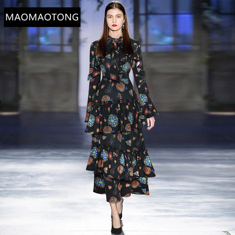 

Fashion Designer Autumn Dress Women Bow Collar Flare Sleeve Cascading Ruffle Floral Print Vintage Party Dress