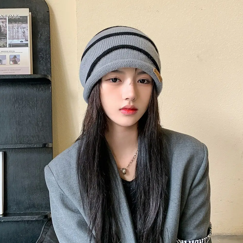 

Шапка Складная в полоску, Шапка-бини в Корейском стиле, женская шапка-пуловер, вязаная шапка с ворсом, осенне-зимняя тонкая шапка