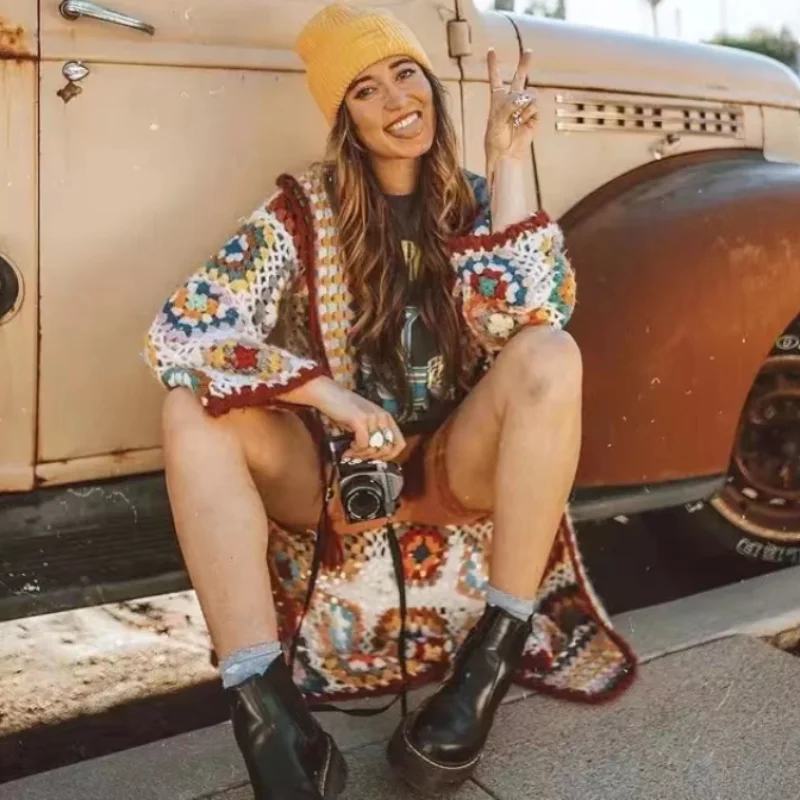 

Длинный вязаный свитер TEELYNN ручной работы, кардиган в стиле хиппи, бохо, мохеровая куртка, шикарные пальто оверсайз с вышивкой в этническом стиле на осень и зиму